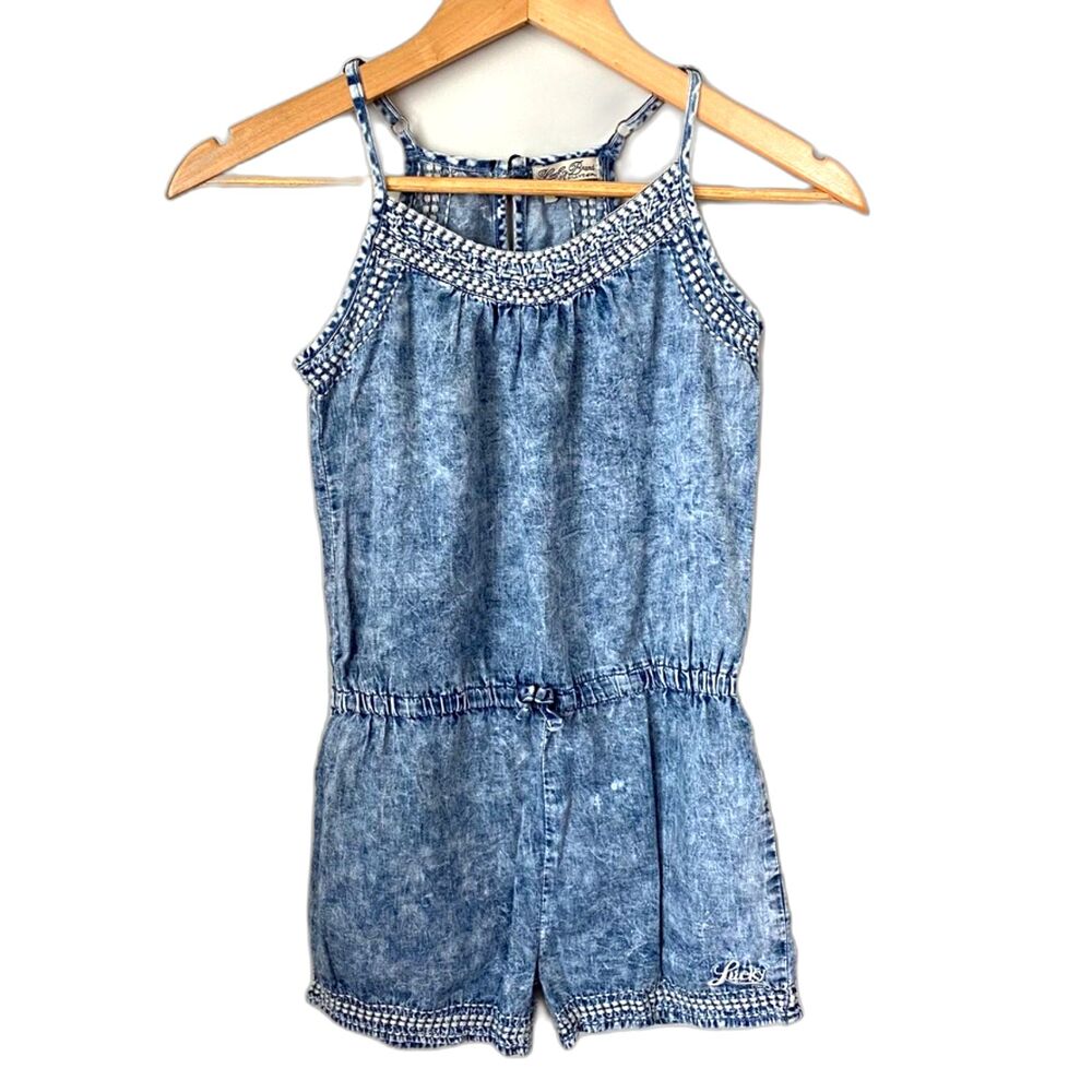 Lucky Brand Girls Sleeveless Embroidered Blue Chambray Romper Size 10